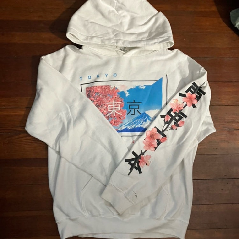 White Graphic Hoodie with Floral Design